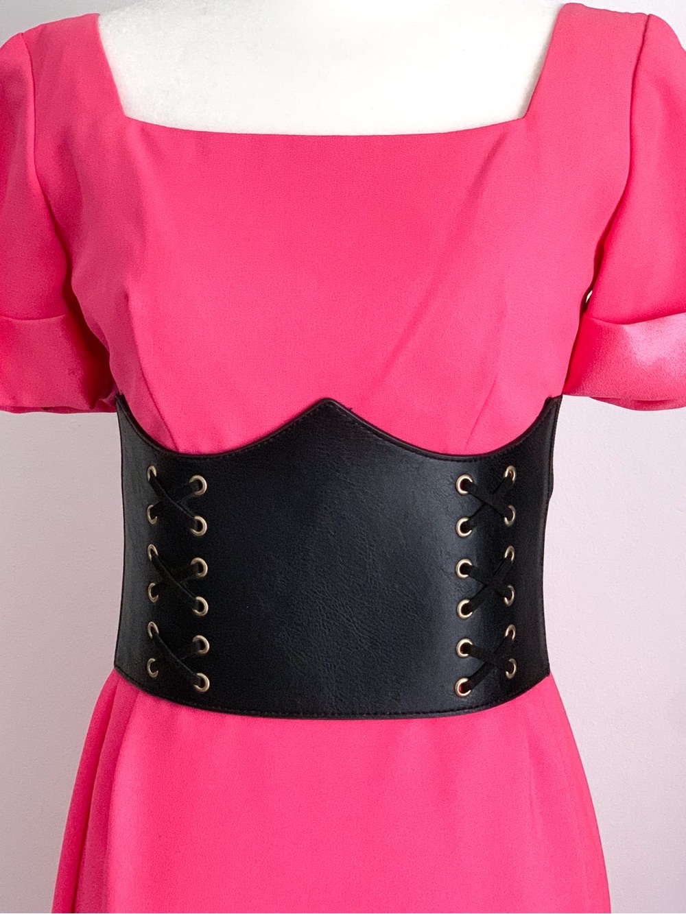 Black corset belt faux leather & elastic with goldtone snap closure size xs